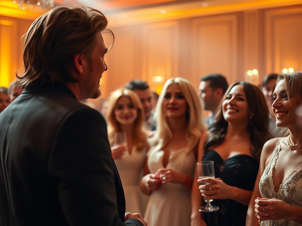A high-resolution image showcasing an elegant event setting with a renowned celebrity engaging with guests. The background features soft golden lighting, creating a warm and inviting atmosphere. The celebrity, dressed in a stylish outfit, smiles and interacts with attendees, who appear excited and captivated. The overall composition emphasizes the glamour and exclusivity of the event while maintaining a serene ambiance.