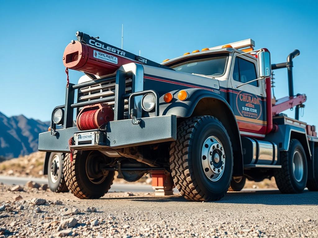 A close-up shot of a heavy-duty tow truck in action, showcasing its powerful winch and towing capabilities. The truck should be parked on a rugged roadside, with a clear blue sky in the background. The image should capture the details of the truck's robust build, emphasizing its strength and reliability. The focal point should be the truck, with the background slightly blurred to highlight the subject. The colors should be vibrant and match the rgb(122, 86, 4) primary color.