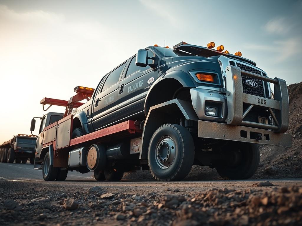 A realistic high-resolution photo of a heavy duty recovery operation, featuring a recovery truck lifting a large vehicle. The focus should be on the recovery truck in action, with equipment visible in use. The setting should depict a challenging recovery scenario, such as a vehicle in a ditch or on uneven ground. The lighting should highlight the details of the truck and the environment, with an emphasis on the strength and capability of the equipment.