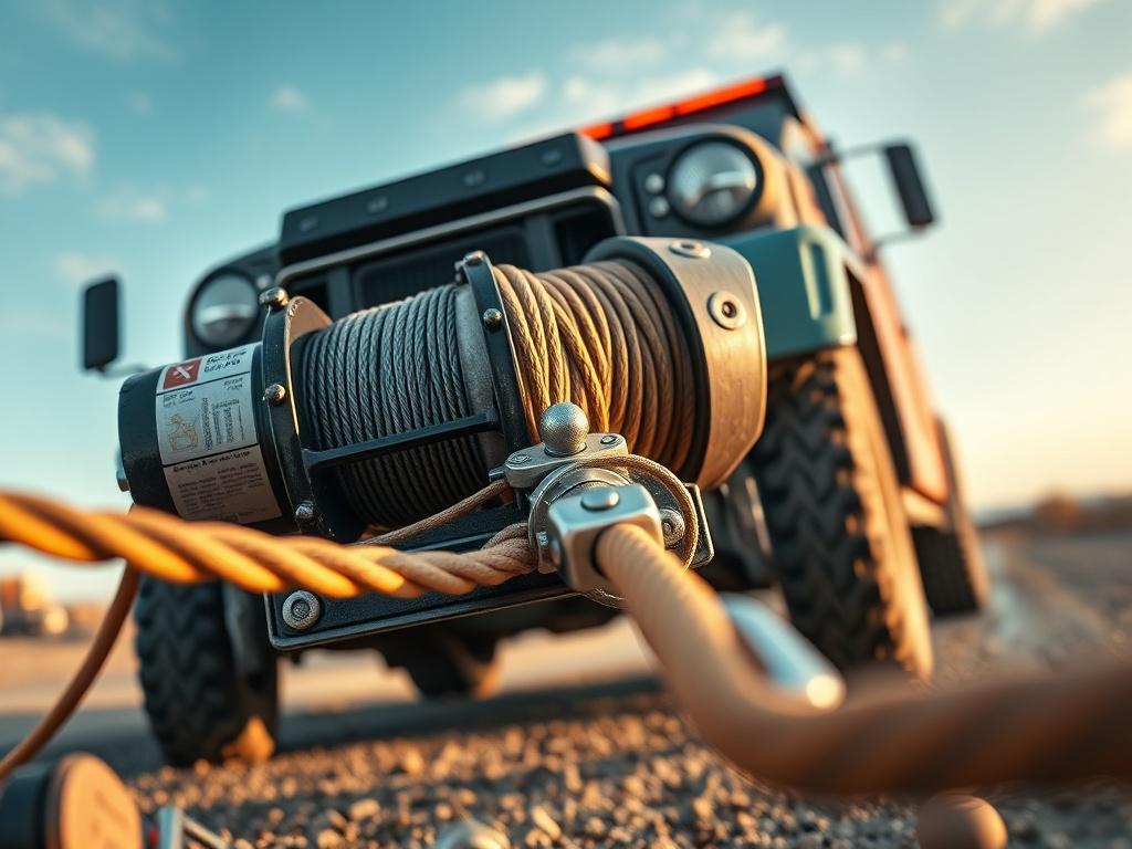 A hyper-realistic close-up photo of a winchout operation, showcasing a winch being used to pull a heavy vehicle. The focus should be on the intricate details of the winch and the vehicle being recovered. The background should reflect an accident scene, with clear skies and subtle signs of distress. The composition should center around the action of the winch, emphasizing its robust design and functionality. Lighting should enhance the scene, highlighting both the equipment and the vehicle.