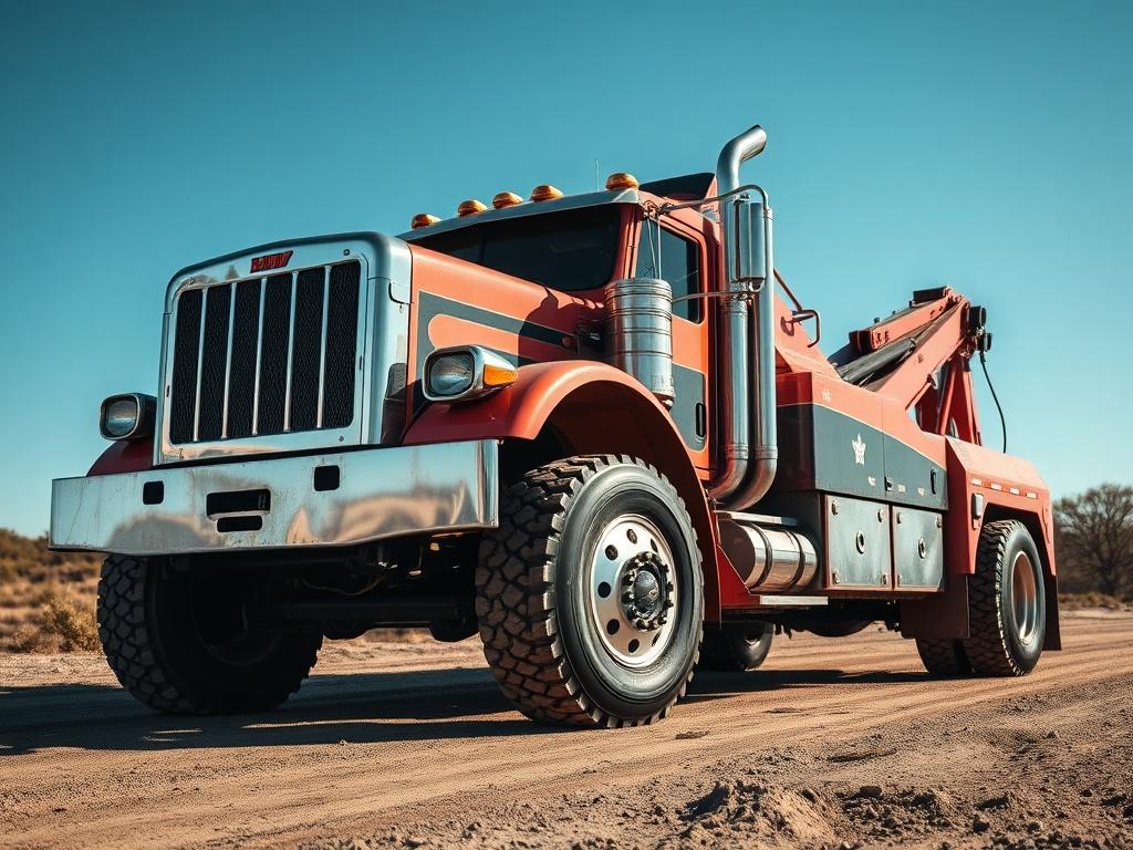 A high-resolution image of a heavy duty tow truck in action, focusing on the truck as the main subject. The background shows a rugged terrain in Southeast Texas, with clear blue skies and distant trees. The image should capture the truck from a low angle to emphasize its size and strength. The lighting should be natural, showcasing the details of the truck's design. The overall composition should be simple, with the truck occupying the center of the frame.