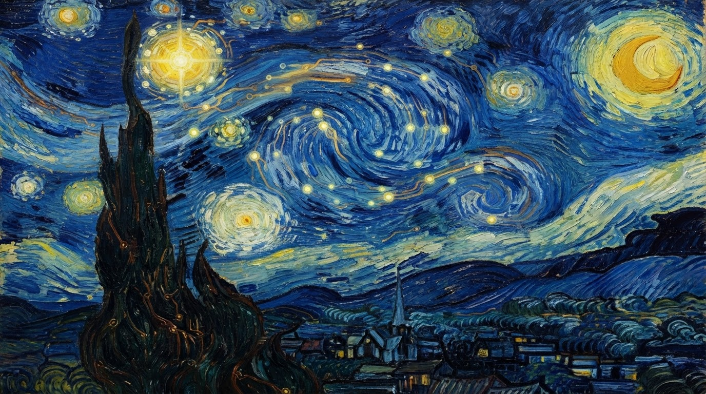 A neural network visualized as a swirling starry night sky of luminous nodes
