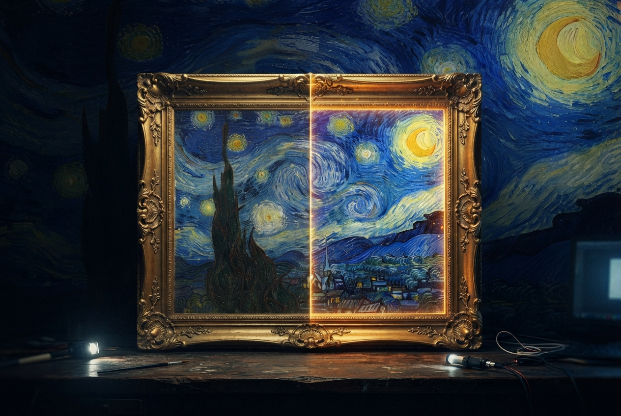 A classical oil painting being digitally restored under swirling starry-night light