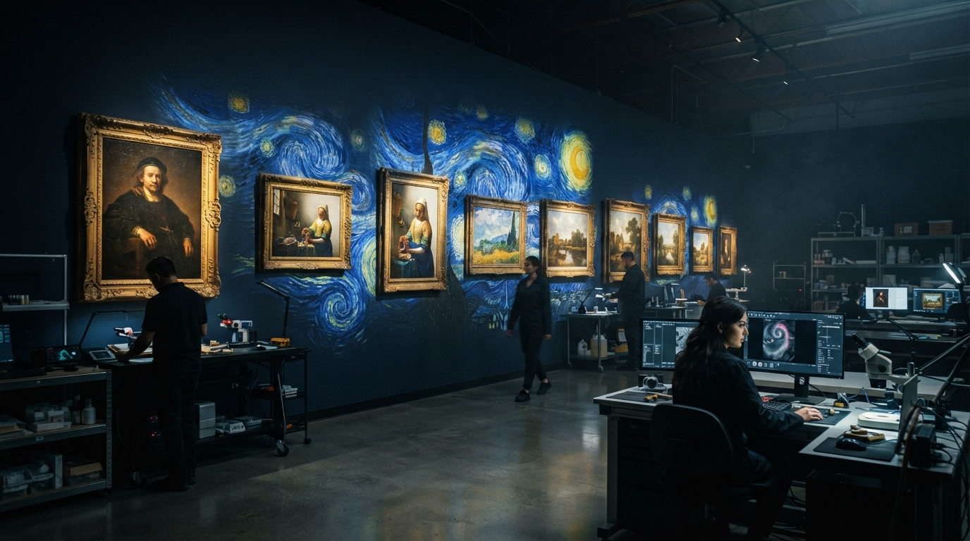 The Starlight Point restoration studio with classical paintings illuminated by swirling digital light