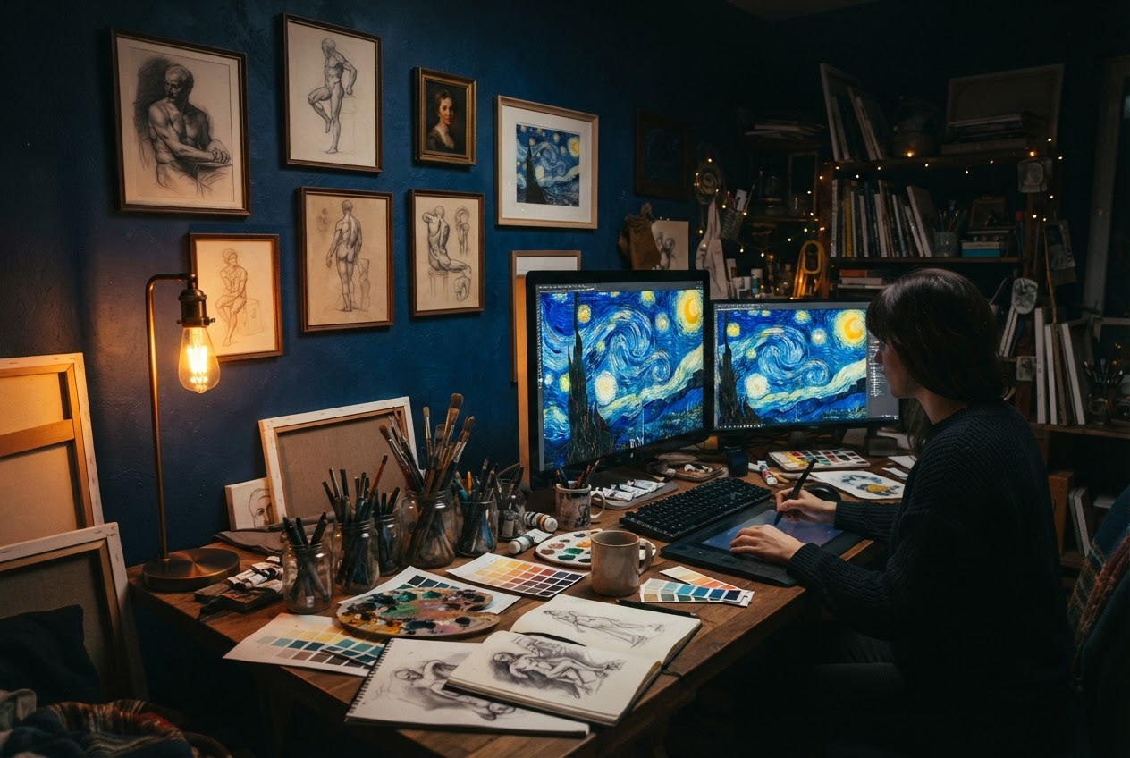The Starlight Point creative studio at night, glowing with starry-night imagery
