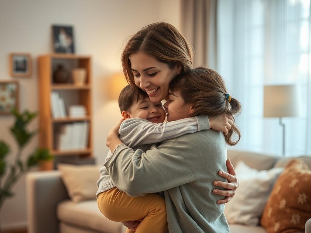 A heartwarming scene of a mother embracing her child in