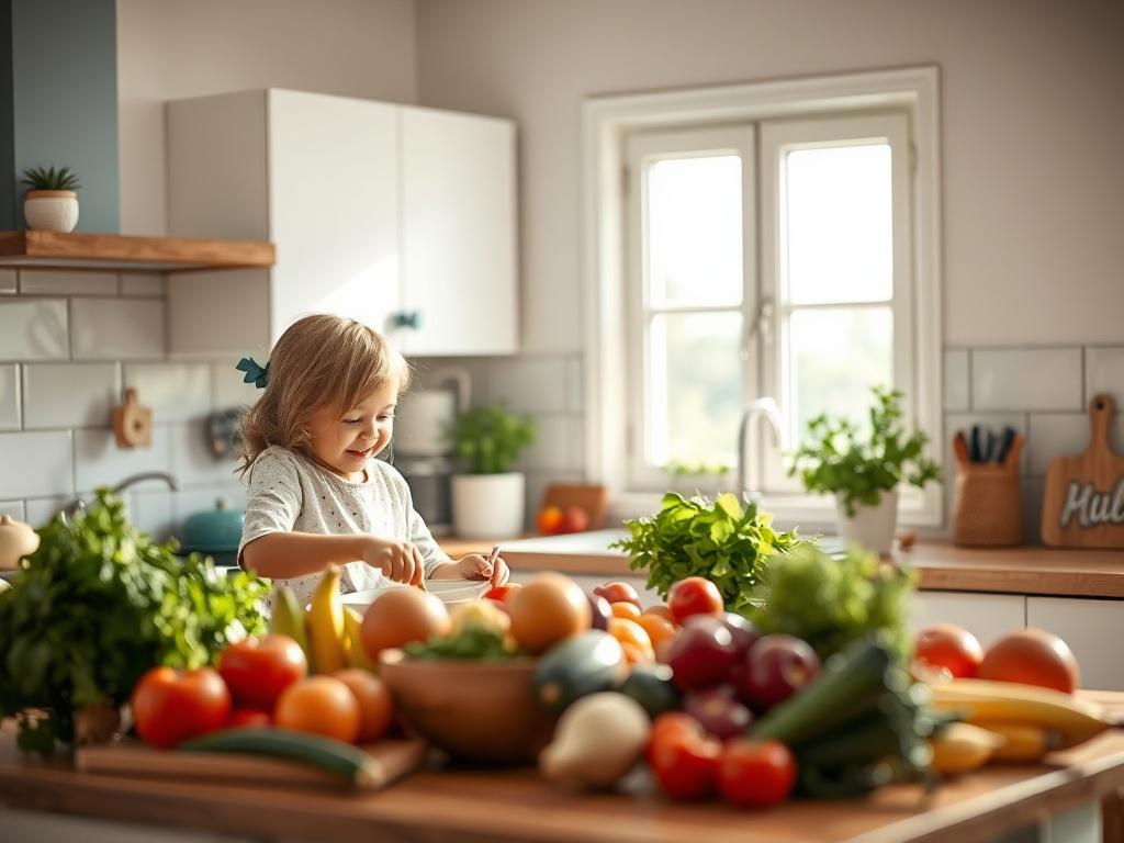 A vibrant kitchen scene featuring a parent and child happily