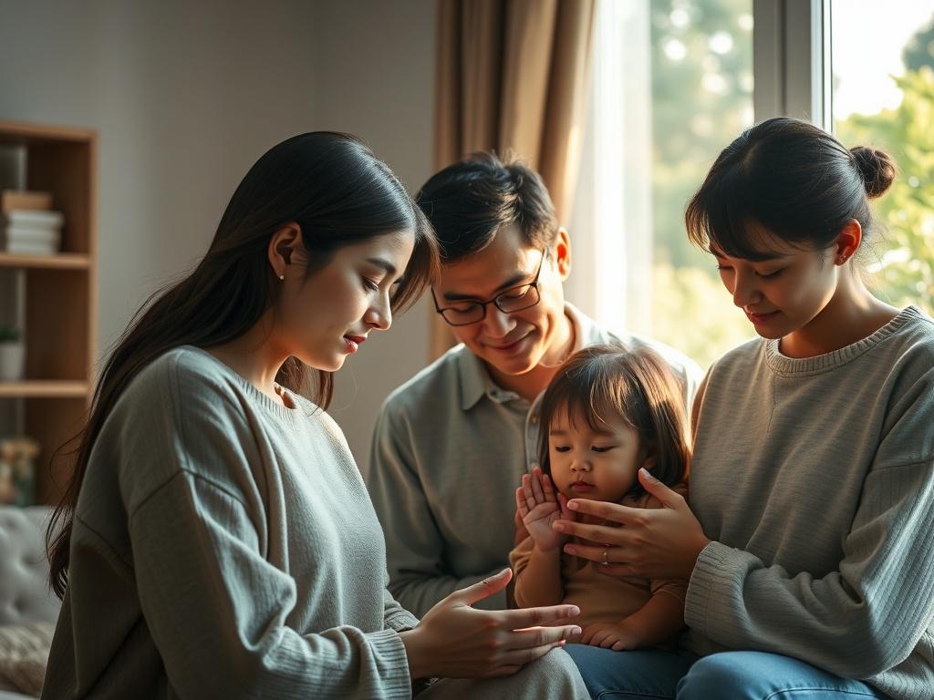 A peaceful image of a family gathered together in prayer,