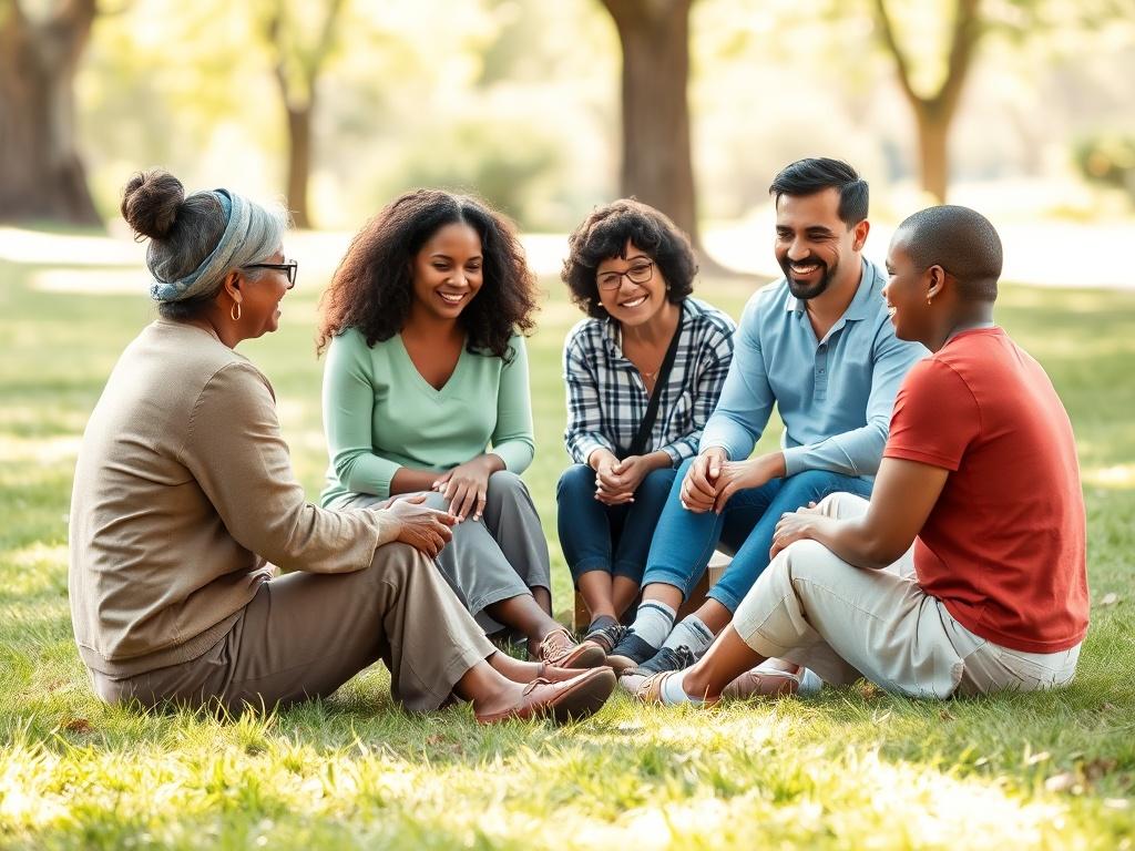 A warm and inviting scene of a diverse group of parents sitting in a circle at a park, sharing stories and supporting each other. The background includes soft green grass and gentle sunlight filtering through the trees, creating a peaceful atmosphere. Each parent is engaged and smiling, showcasing a sense of community and connection.