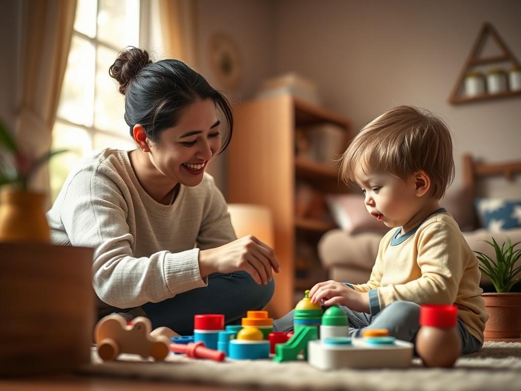 An inviting home environment where a parent is actively engaging with a child, using toys for learning. The parent is smiling and the child is focused on play. The background is warm and nurturing, with soft colors and light filtering in from a window.