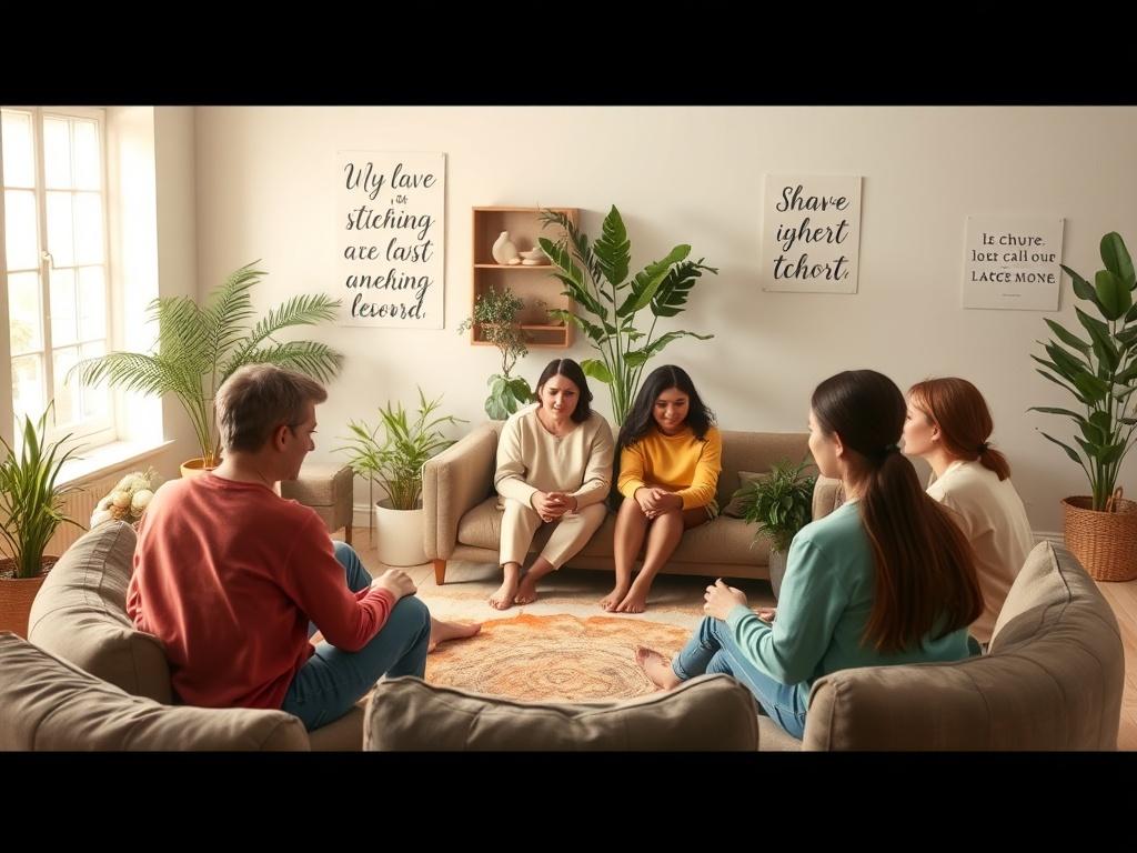 A warm and inviting virtual support group setting, featuring a diverse group of parents sitting in a circle, sharing and listening to each other. Soft lighting with gentle colors creates a peaceful atmosphere. The background shows a cozy room with comfortable seating, plants, and inspirational quotes on the walls.