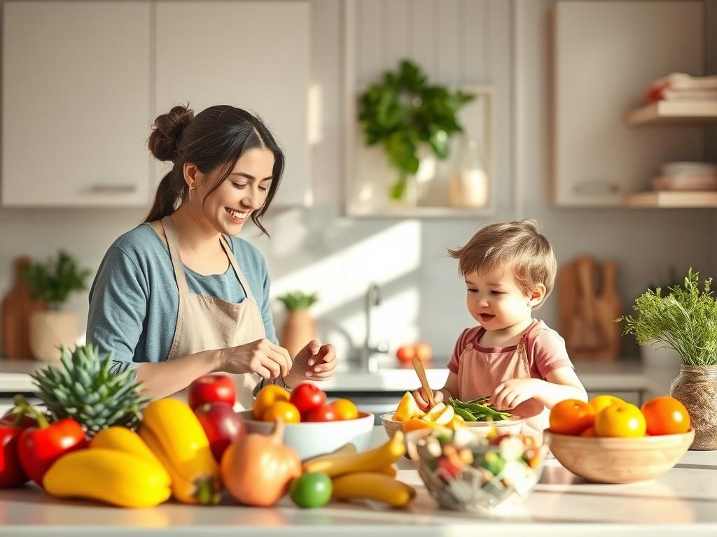 A bright kitchen setting where a parent and child are preparing healthy meals together, featuring colorful fruits and vegetables on the counter. The atmosphere is cheerful and engaging, with natural light illuminating the space and creating a warm, family-friendly vibe.