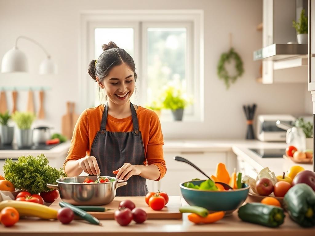 A vibrant kitchen scene with a parent and child cooking together, preparing healthy meals. The kitchen is bright and cheerful, filled with fresh vegetables and fruits, showcasing a fun cooking atmosphere.