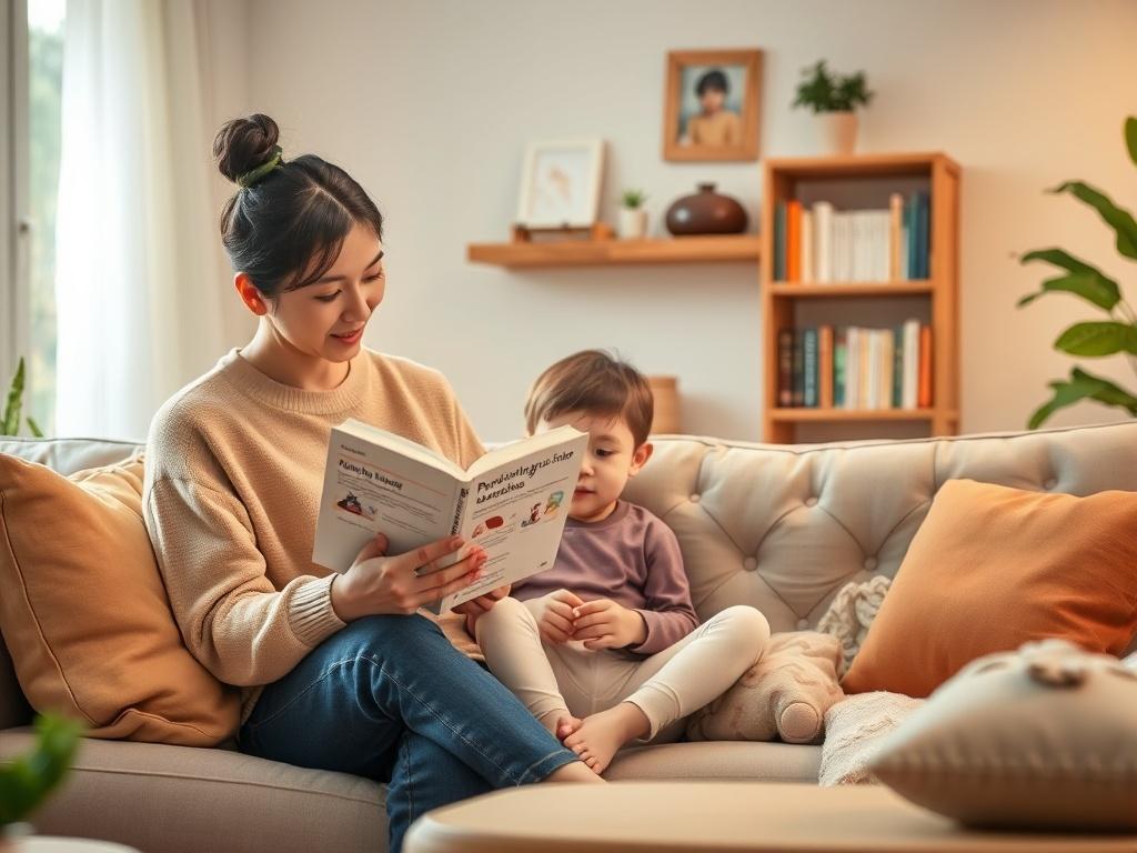 A calm living room setting where a parent reads a parenting guide with a child nearby, illustrating a nurturing environment. The room is cozy with soft lighting, books on a shelf, and a sense of tranquility.