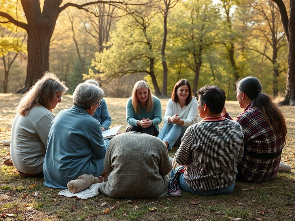 A serene community gathering scene with parents sitting in a circle, sharing stories and experiences. The setting is peaceful with soft lighting, trees in the background, and a sense of warmth and understanding.