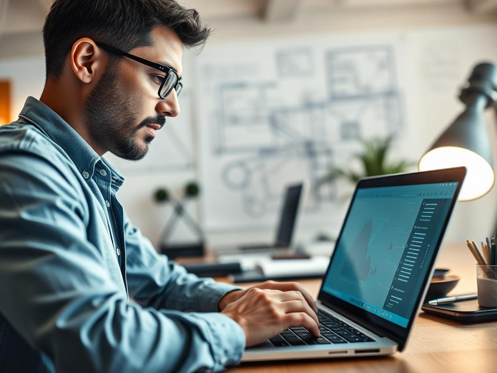 A close up shot of a confident software developer working