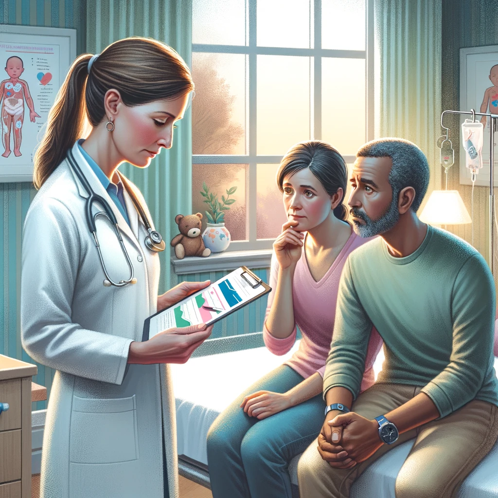 dall·e 2024-05-07 20.54.36 - a thoughtful illustration representing the challenging decisions in pediatric healthcare. the image shows a pediatric doctor and a pair of concerned p.webp