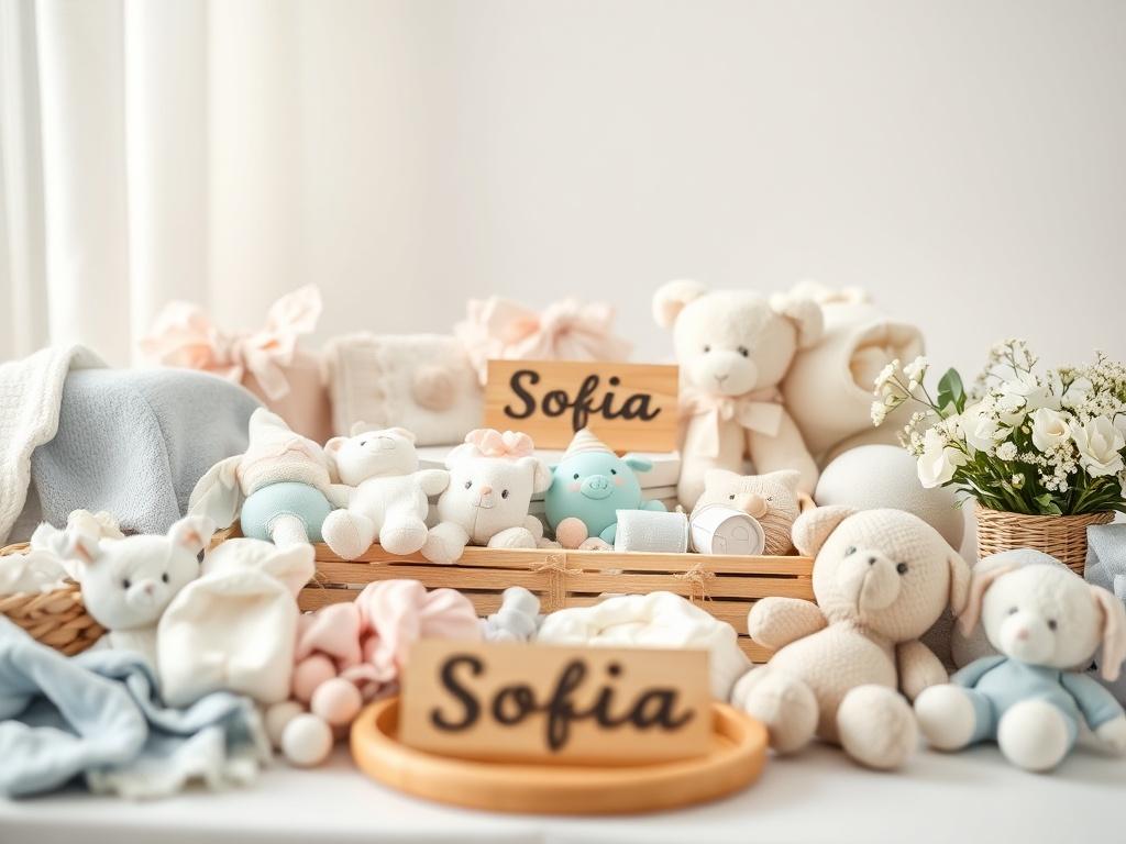 **AI Image Generation Prompt:**

Create a realistic high-resolution photo that visually represents the theme of "Creating a Memorable Baby Registry." The image should focus on a single subject: a beautifully arranged baby registry gift table. The table should be filled with an assortment of thoughtfully selected baby items, such as adorable clothing, cozy blankets, essential baby gear, and soft toys. 

The background should be softly blurred to maintain focus on the table, exuding a serene and inviting atmo