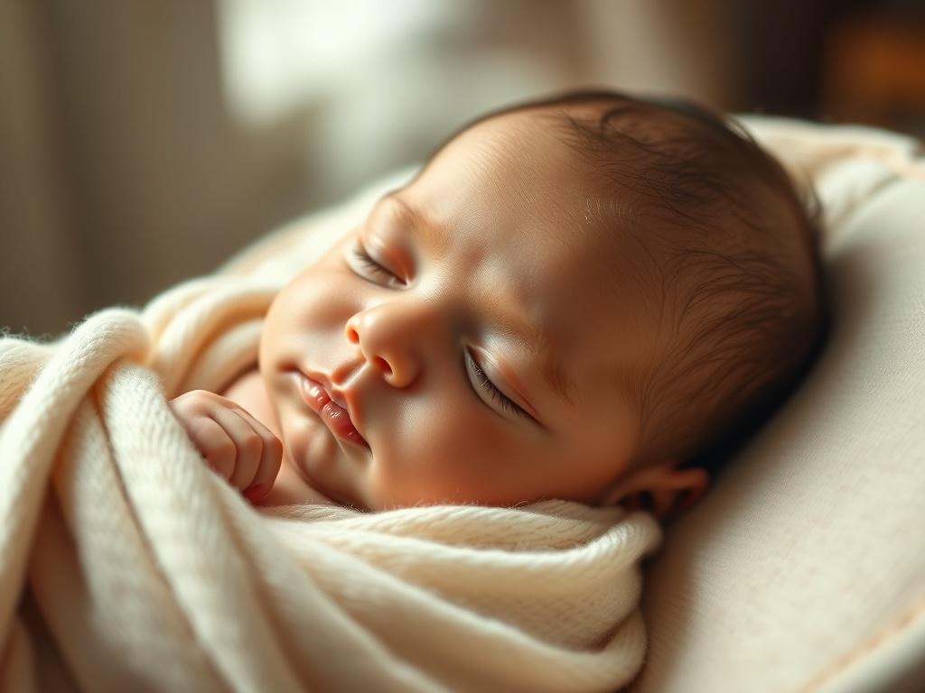 A realistic high-resolution photo of a serene, close-up shot of a newborn baby peacefully sleeping. The baby is swaddled in a soft, light-colored blanket, with delicate features and rosy cheeks. The background is softly blurred to emphasize the baby's face, creating a warm and inviting atmosphere. The lighting is gentle and natural, highlighting the baby's innocence and beauty.