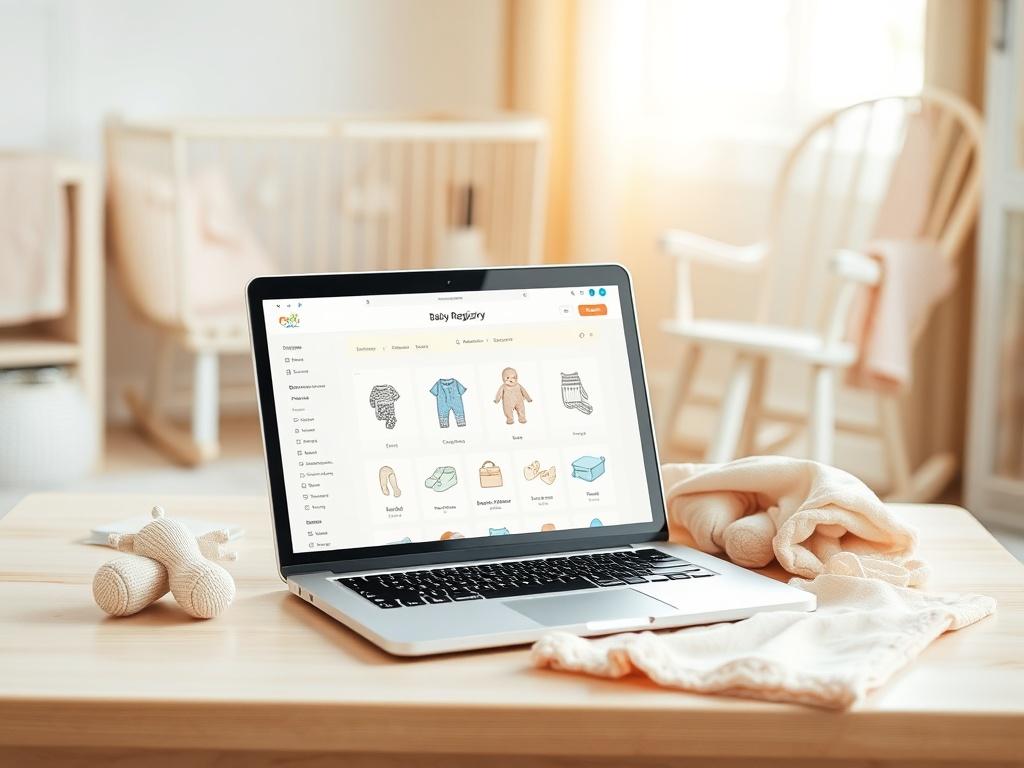 **AI Image Generation Prompt:**

Create a high-resolution, hyper-realistic image depicting a serene and inviting scene that represents the theme of "Creating an Online Baby Registry." The main subject should be a carefully arranged laptop placed on a clean, light wood nursery-style table. Open on the laptop screen is a well-designed digital baby registry interface showcasing categories like clothing, toys, and baby gear—all captured in an inviting layout with soft pastel colors.

Surrounding the laptop, inc