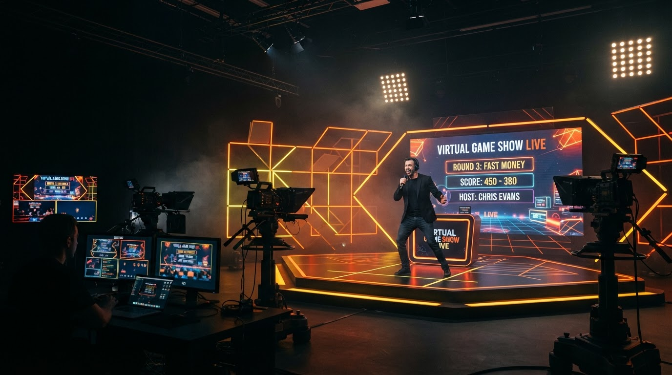 Fairview Fire Media live-streaming studio during a high-energy virtual corporate event