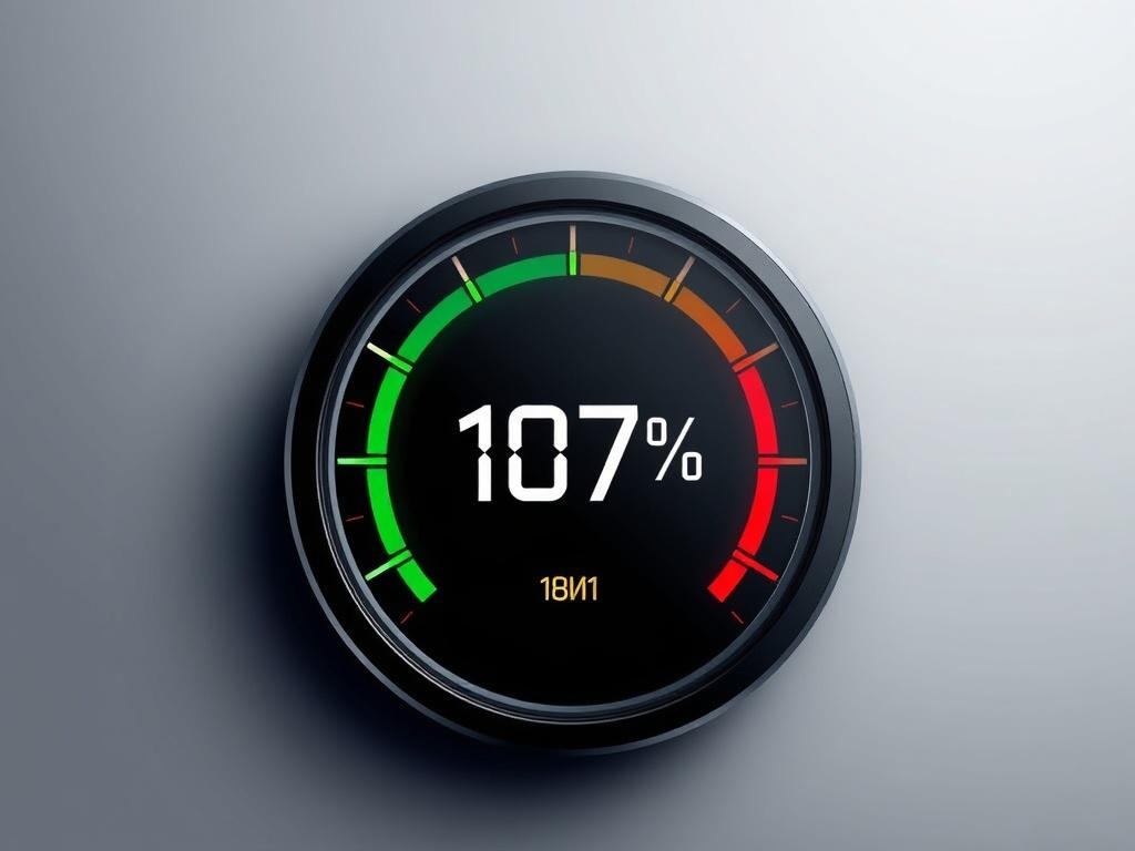 A sleek digital performance gauge displaying a reading of 107%. The gauge should have a modern design with a circular shape, featuring vibrant colors like green for the optimal range and red for the warning zone. The background should be minimalistic, highlighting the gauge as the focal point, with subtle gradients to add depth.