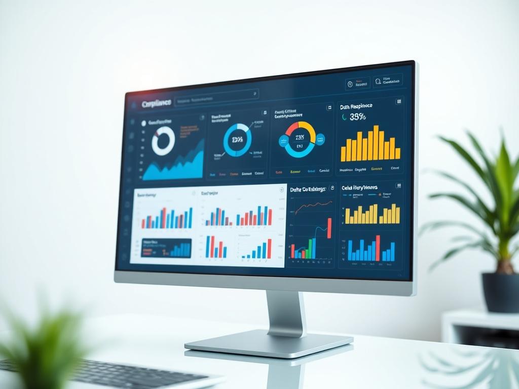 A close-up shot of a modern digital governance dashboard displayed on a sleek computer monitor. The dashboard features colorful graphs, charts, and data visualizations related to compliance and data residency. The background is minimalistic with a soft focus, emphasizing the digital interface. The scene is bright and inviting, showcasing technology in a professional setting.