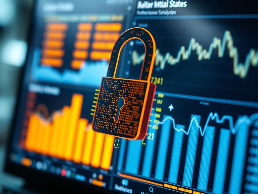 An image featuring a digital lock symbol overlaid on a computer screen displaying data analytics, emphasizing security and protection. The background should be sleek and modern, reflecting a tech-savvy environment.