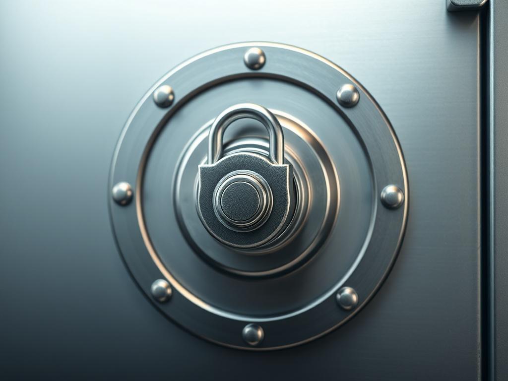 A hyper-realistic close-up shot of a secure vault with a shiny metallic finish and a prominent lock. The vault is set against a simple, neutral background that emphasizes its security features. The focus is on the intricate details of the lock and the texture of the vault's surface, capturing the essence of security and confidentiality.