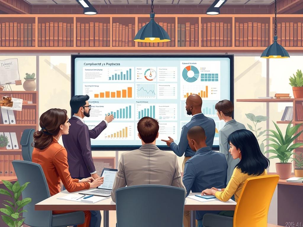 A high-quality illustration depicting a diverse team of professionals collaborating around a large digital screen displaying data charts and compliance documents. The scene should convey a sense of teamwork and innovation in a modern office environment. The background should be filled with elements like bookshelves with legal texts and digital tools, emphasizing the theme of governance and compliance.