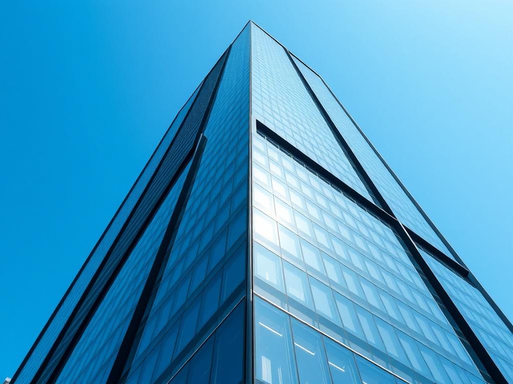 A hyper-realistic close-up shot of a modern real estate tower, showcasing its sleek glass facade and contemporary design. The background should be a clear blue sky to highlight the tower’s height and elegance. The focus should be solely on the tower, capturing its architectural details and reflecting light. The image should evoke a sense of sophistication and luxury, with vibrant colors that complement the primary color rgb(50, 170, 39). The composition should be simple and clear, emphasizing the grandeur o