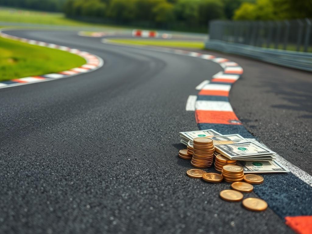 A hyper-realistic close-up shot of a race track with money scattered on it. The image should focus on a winding race track, with crisp details showcasing the asphalt and track markings. In the foreground, there should be stacks of cash and coins artfully placed along the edges of the track, symbolizing the connection between racing and financial success. The background should be blurred to emphasize the track and money, with a vibrant green color reminiscent of lush grass or trees, reflecting the primary co
