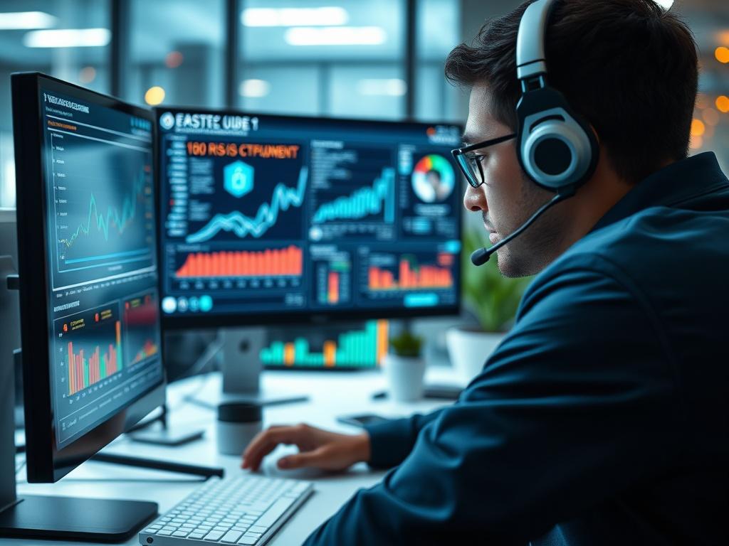 A close-up shot of a cybersecurity analyst working on a computer, surrounded by digital security interfaces and graphs, with a focus on the screen displaying risk assessment tools. The background should be a modern office setting, emphasizing technology and security. The image should evoke a sense of professionalism and focus.