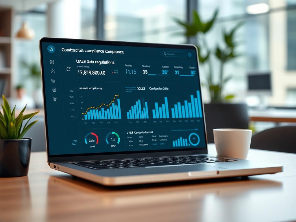 A high-resolution image showcasing a digital compliance dashboard on a laptop screen, with a soft focus background of an office environment. The screen displays graphs and compliance metrics related to UAE data regulations. The laptop is placed on a clean desk with a plant beside it, symbolizing growth and organization. The overall lighting is bright and inviting, emphasizing a professional atmosphere.