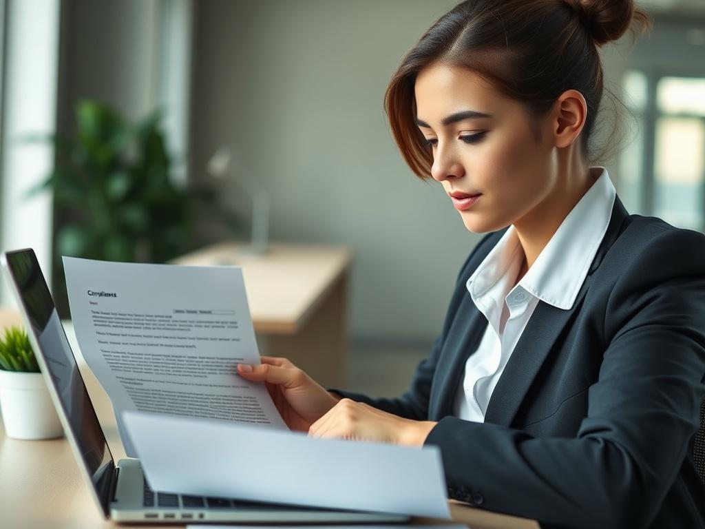 A close up shot of a business professional reviewing compliance