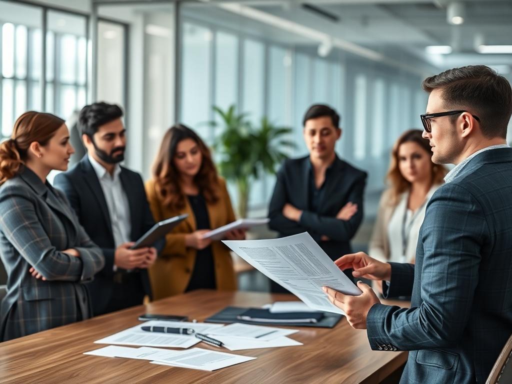 A close up shot of a confident team member presenting