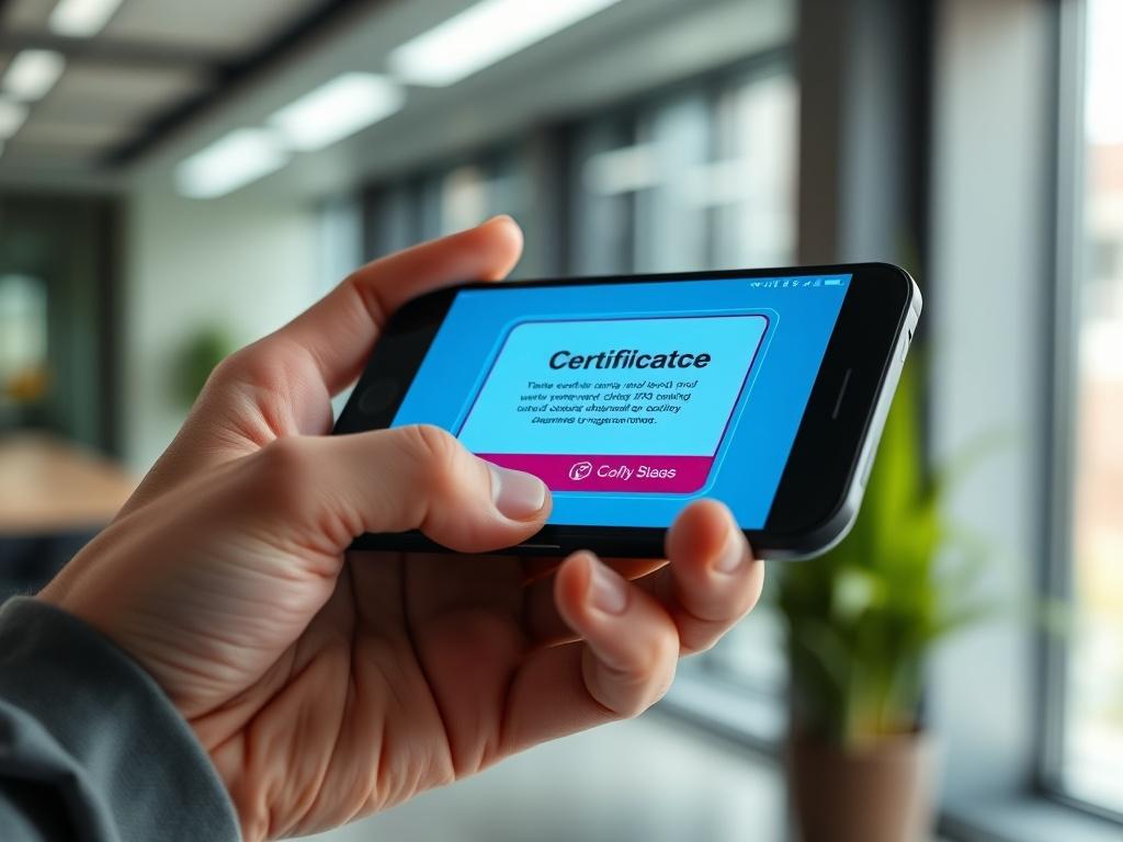 A close-up shot of a modern smartphone held in a person's hand, displaying a digital compliance certificate on the screen. The background is softly blurred, featuring a sleek office environment with a hint of greenery. The focus is on the smartphone, showcasing the certificate clearly, with a vibrant color scheme that includes the primary color rgb(50, 170, 39). The image conveys a sense of accomplishment and accessibility in compliance management.
