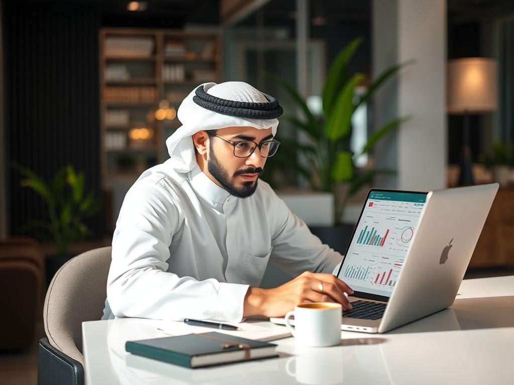 Create a realistic high-resolution photograph that embodies the theme "Understanding UAE Compliance Laws for Startups." The main subject should be a focused and engaged entrepreneur sitting at a modern desk in a stylish, well-lit office. This person should be a Middle-Eastern man or woman, intently studying compliance documents or a laptop screen with charts and legal guidelines displayed. The desk should have essentials like a pen, a notebook, and a cup of coffee, showcasing a sense of determination and fo