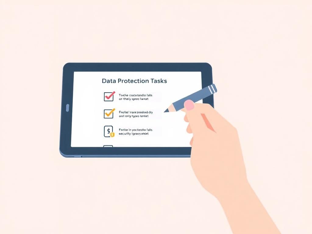 A minimalistic illustration of a checklist being marked as completed on a digital tablet. The checklist should represent data protection tasks, with icons indicating security measures. The background should be a soft pastel color with negative space, focusing on the tablet and checklist.