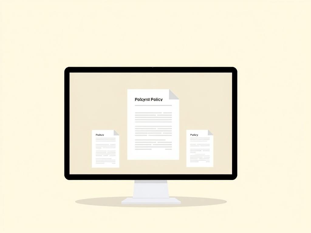 A minimalistic illustration of a document being generated on a computer screen, showcasing various compliance policy templates. The background should be a clean pastel color with negative space. The document should be central to the image, promoting the idea of easy policy generation.