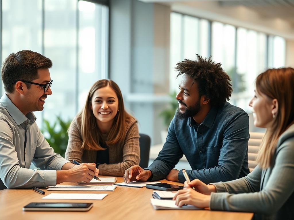 A close-up shot of a professional onboarding meeting, featuring a diverse group of people engaged in discussion around a table. One person is presenting on a laptop while others are attentively listening, taking notes. The background should be a modern office environment with soft natural lighting, emphasizing collaboration and professionalism. The overall composition should be clear and focused on the interaction among team members, showcasing the excitement and engagement of the onboarding process.