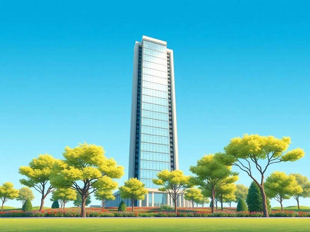 A modern residence tower building set against a clear blue sky. The building should be tall and sleek, featuring large glass windows that reflect sunlight. The foreground should include a well-maintained garden with green trees and colorful flowers. The composition should emphasize the height and elegance of the building, with a minimalist approach and a clean background.