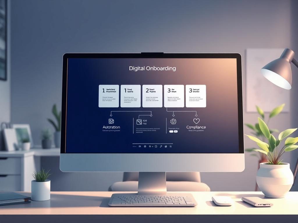 A high-quality illustration of a digital onboarding workflow on a computer screen. The screen shows a visually appealing and user-friendly interface with steps clearly outlined. In the background, a modern office setting with a clean desk, plants, and soft lighting creates an inviting atmosphere. The illustration emphasizes automation and efficiency, showcasing icons representing data protection, compliance, and user engagement.