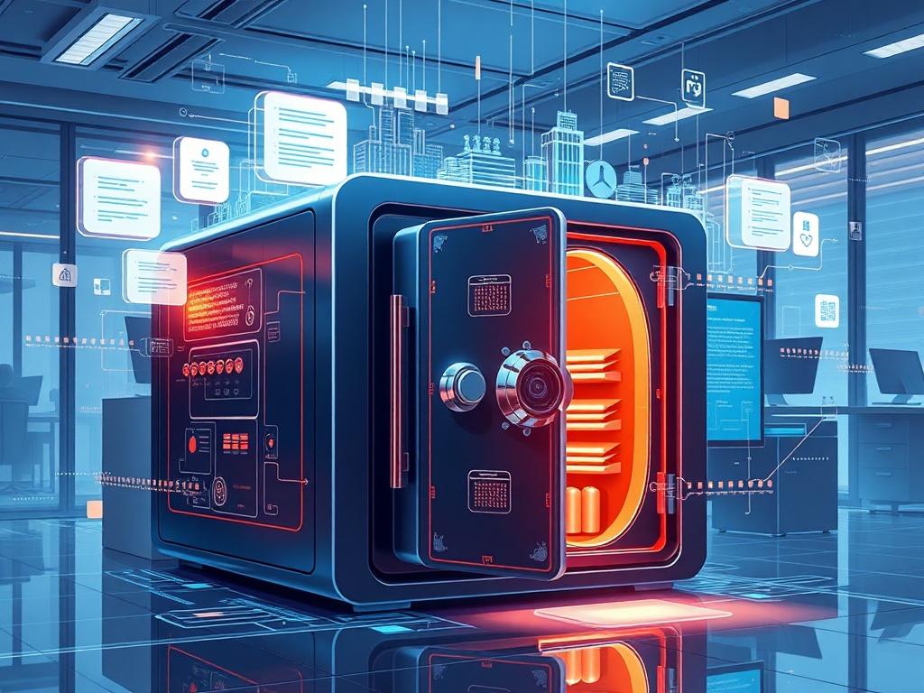 A highly detailed and realistic illustration of a digital audit vault, showcasing a secure, modern digital storage system. The vault should be depicted as a sleek, futuristic safe with glowing digital interfaces, surrounded by abstract representations of data and compliance documents. The background should be a sophisticated office environment, emphasizing security and technology.