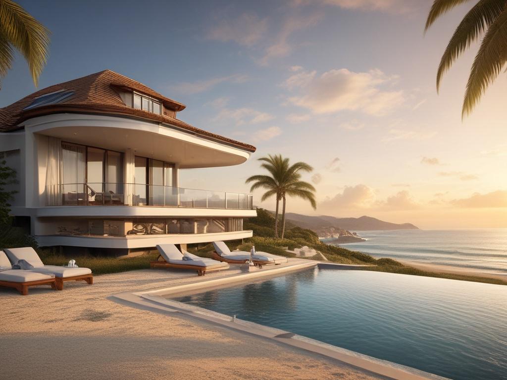 close up shot of a stunning beachfront villa, highlighting its