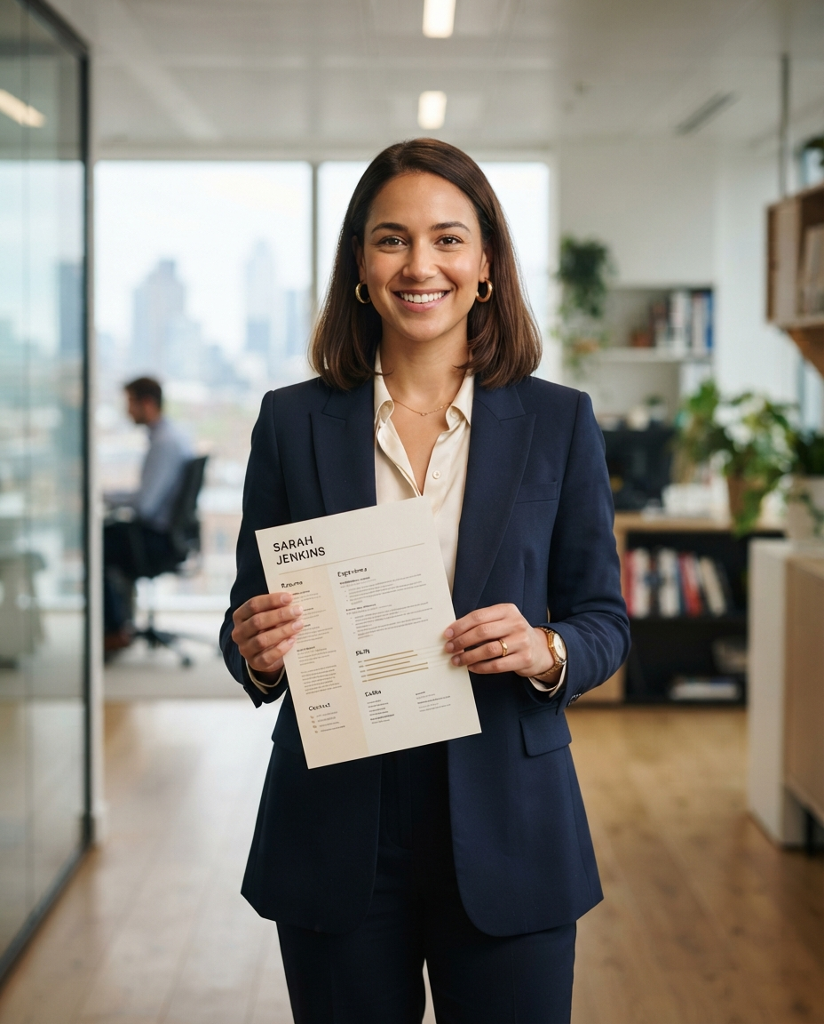 Confident professional holding a polished resume crafted by Career Heights Services