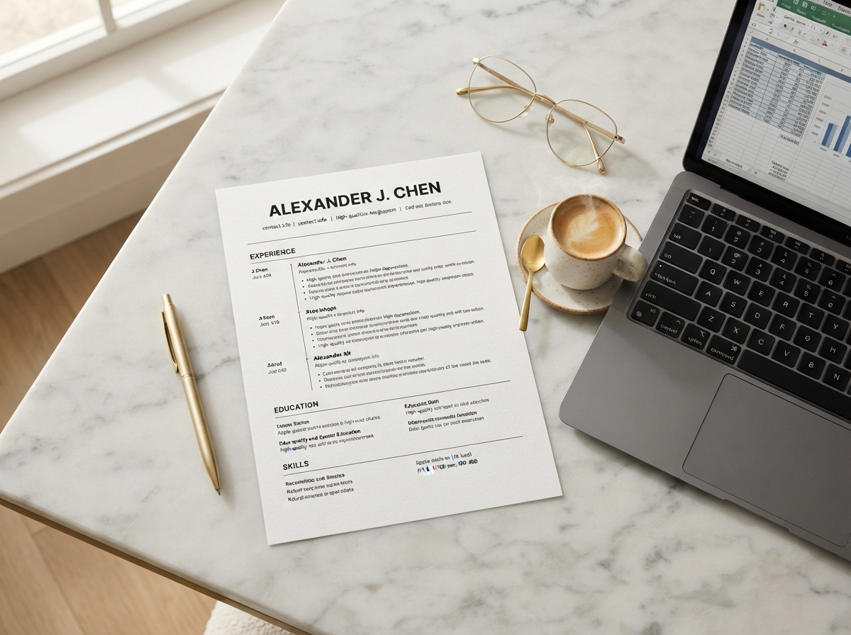 Professional resume document on a desk with laptop and gold pen