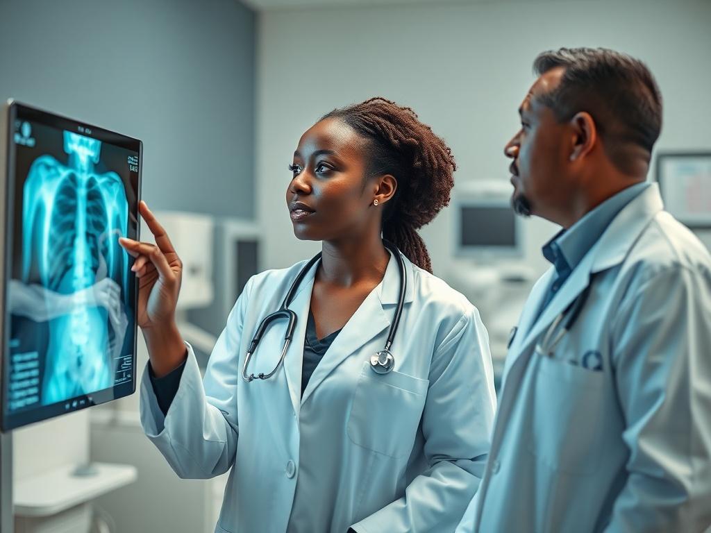 A realistic high-resolution photo showing two radiology physicians in a clinical setting. One physician is an African American woman wearing a lab coat, examining a digital X-ray on a screen. The other physician is a Hispanic man, also in a lab coat, discussing the findings with her. The background should be a modern medical office with medical equipment visible, emphasizing professionalism and teamwork.