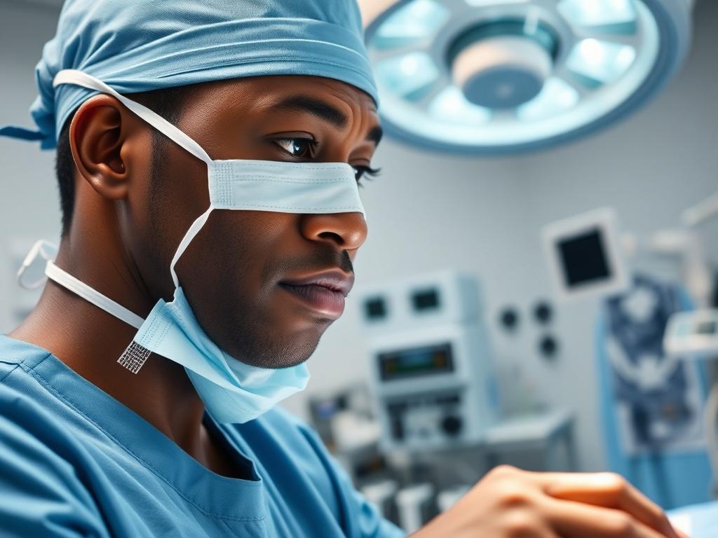 A close-up shot of a Black anesthesiologist in a surgical setting. The anesthesiologist is wearing surgical scrubs, a surgical mask, and a cap. They are focused on preparing anesthesia equipment, with an array of medical instruments visible in the background. The lighting is bright and clinical, emphasizing the professionalism and expertise of the anesthesiologist. The primary colors in the image reflect a medical environment, complemented by shades of blue and white.