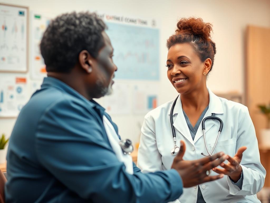 A close-up shot of a compassionate oncologist, a middle-aged African American woman in a white lab coat, engaging in a discussion with a black patient in a medical office. The oncologist shows empathy and understanding in her expression as she explains treatment options. The background is softly blurred, featuring medical charts and a welcoming environment. The color scheme incorporates the primary color rgb(40, 93, 225) subtly in the decor.